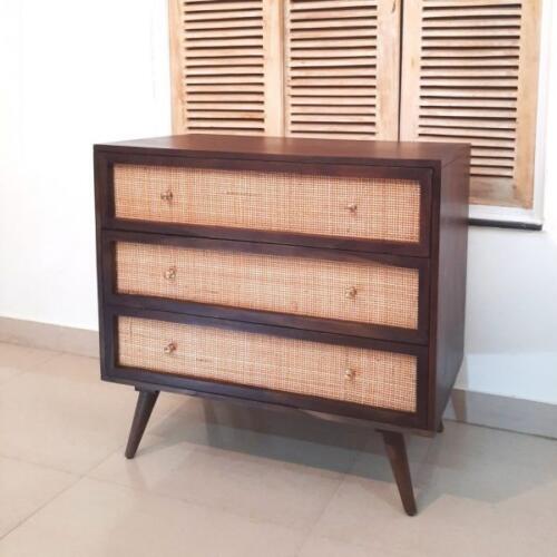 Cane Rattan Sheesham Wood 3 Drawer Chest